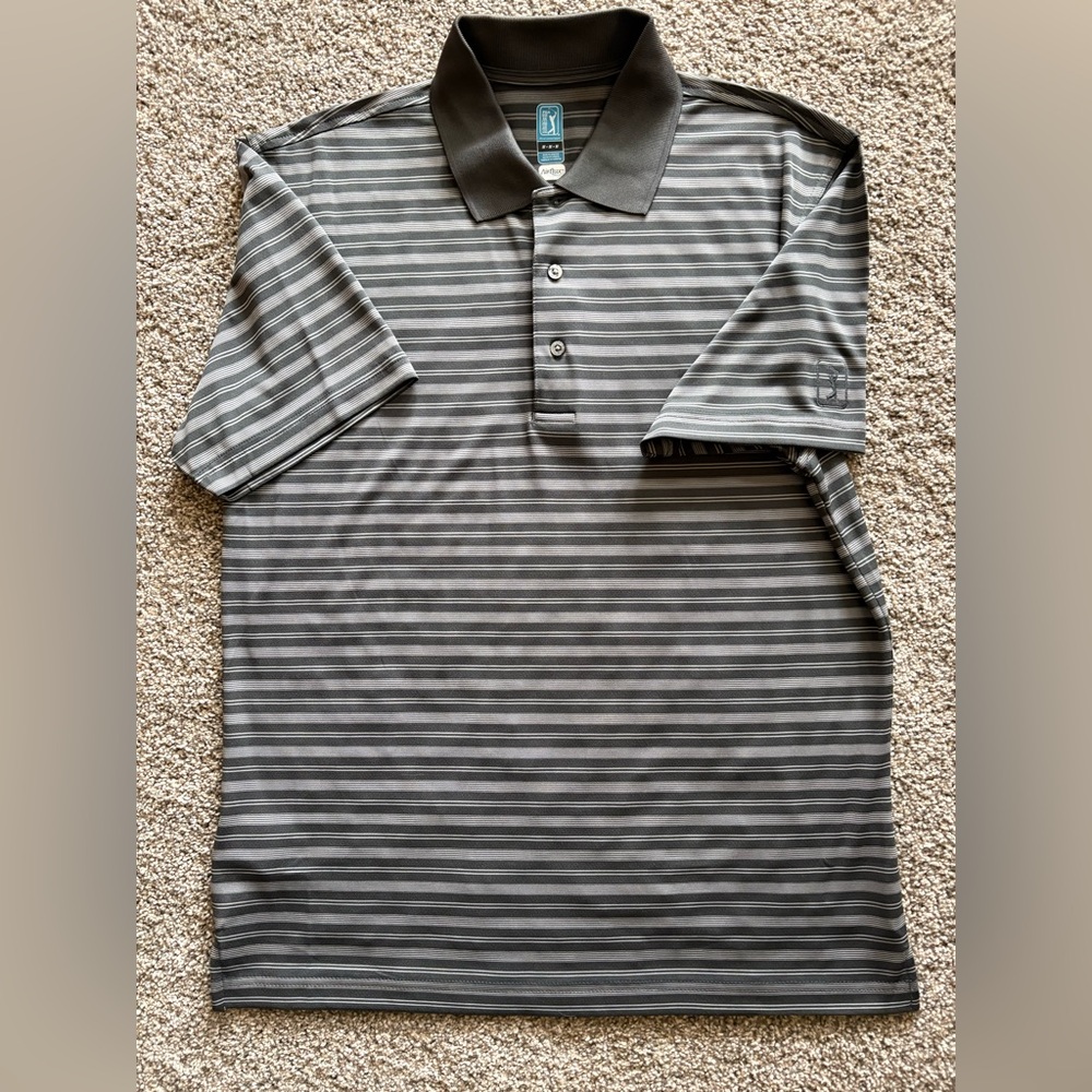 PGA Men's Golf Striped Polo Shirt - Black and Gray